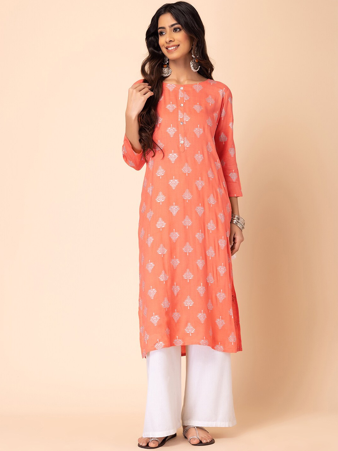 

INDYA Foil Ethnic Printed Kurta, Peach