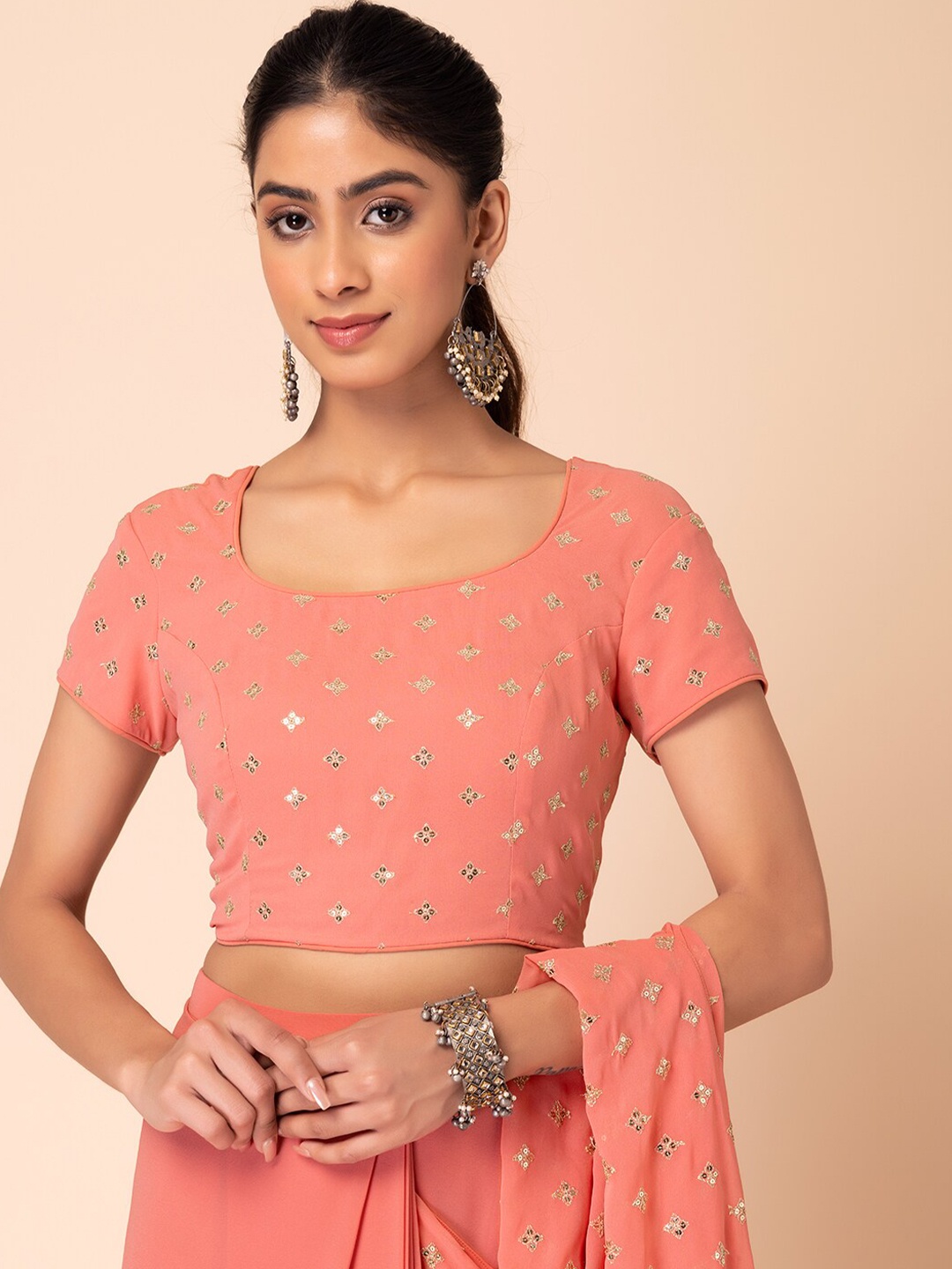 

INDYA Sequinned Boota Embellished Saree Blouse, Pink