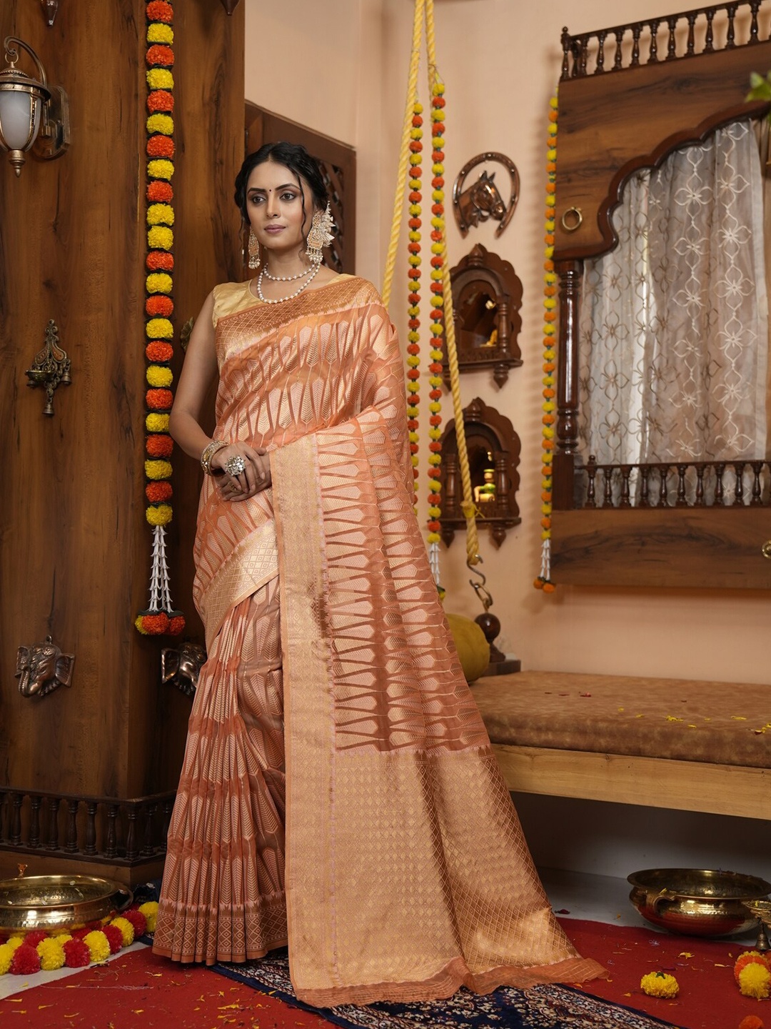 

elora Geometric Woven Design Zari Organza Bhagalpuri Saree, Orange