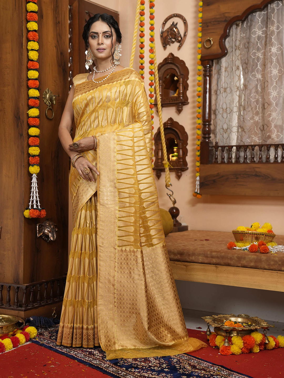 

elora Ethnic Woven Design Zari Organza Bhagalpuri Saree, Yellow