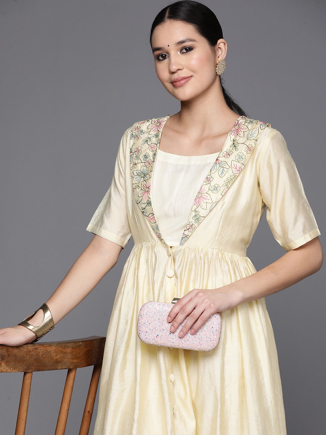 

Inddus Floral Embroidered Thread Work Chanderi Cotton Kurta with Trousers & Inner, Yellow