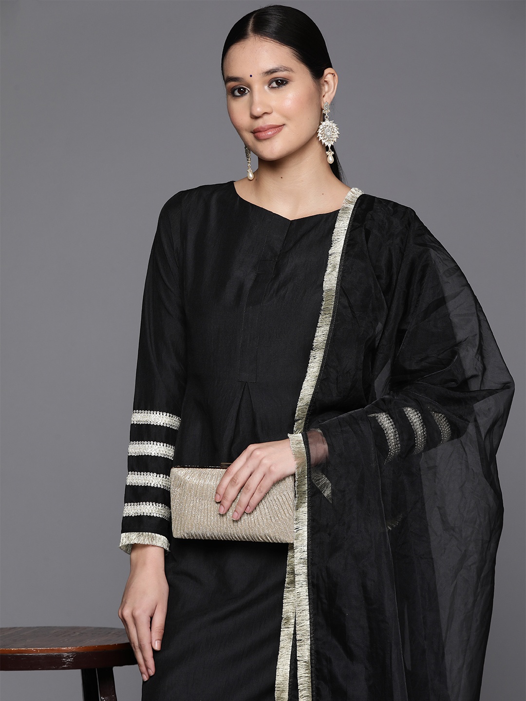 

Inddus Solid Lace Detailing Kurta with Trouser and Dupatta, Black