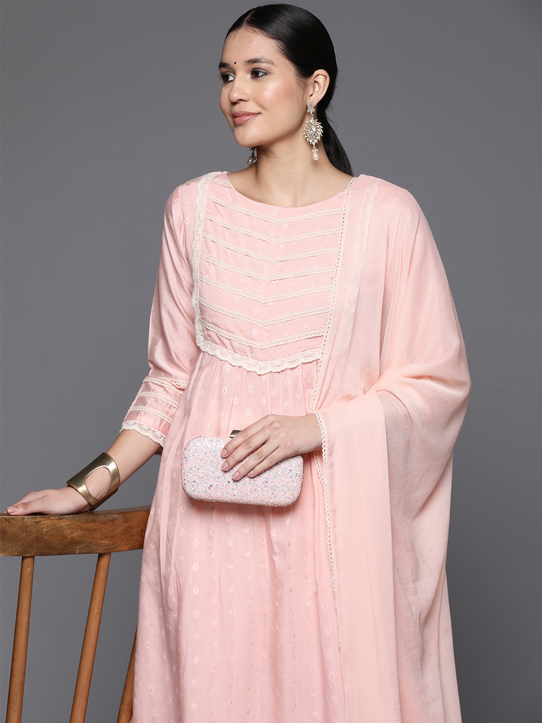

Inddus Woven Design Lace Detailing Kurta With Trouser & Dupatta, Peach