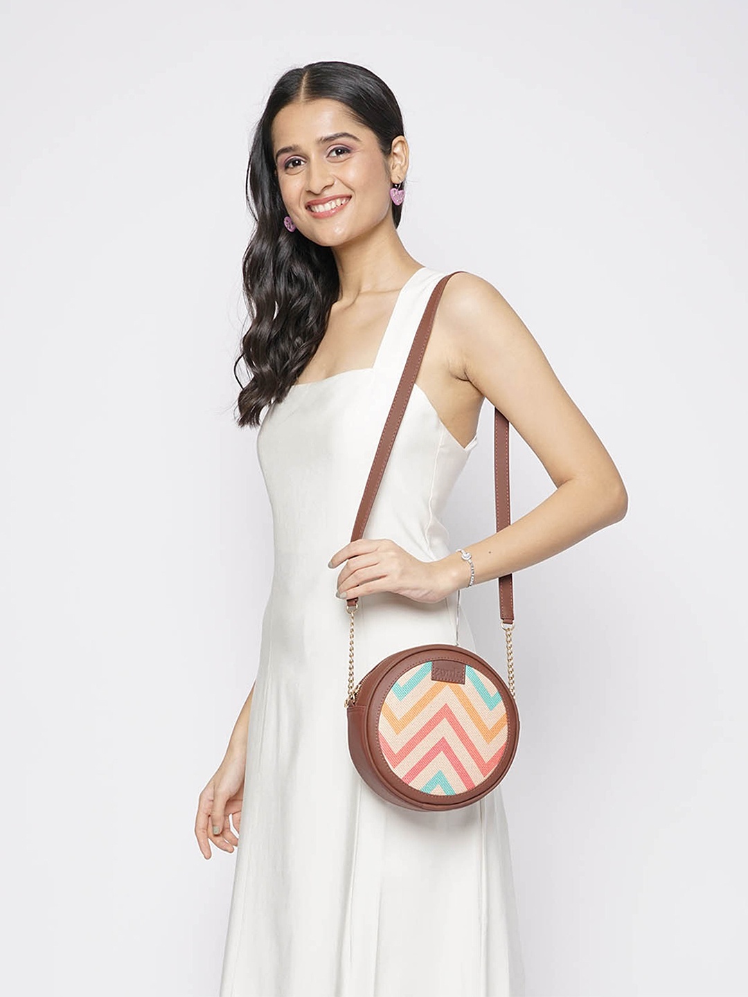 

ZOUK Geometric Printed Sling Bag, Brown