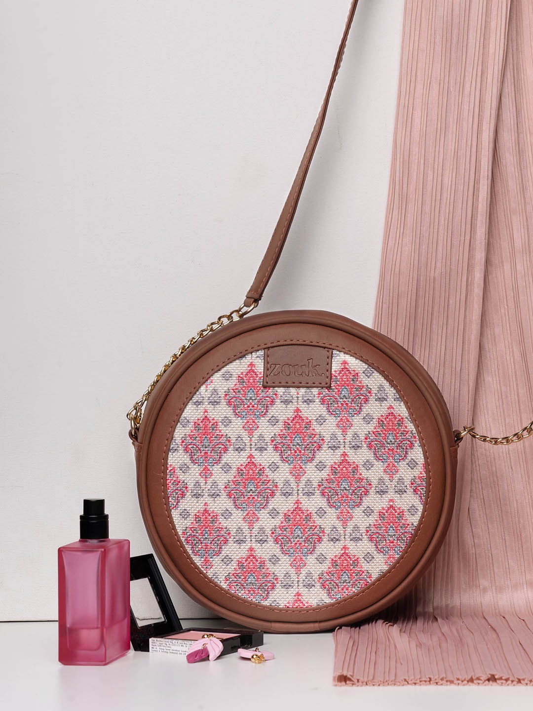

ZOUK Ethnic Motif Printed Structured Jute Sling Bag, Pink