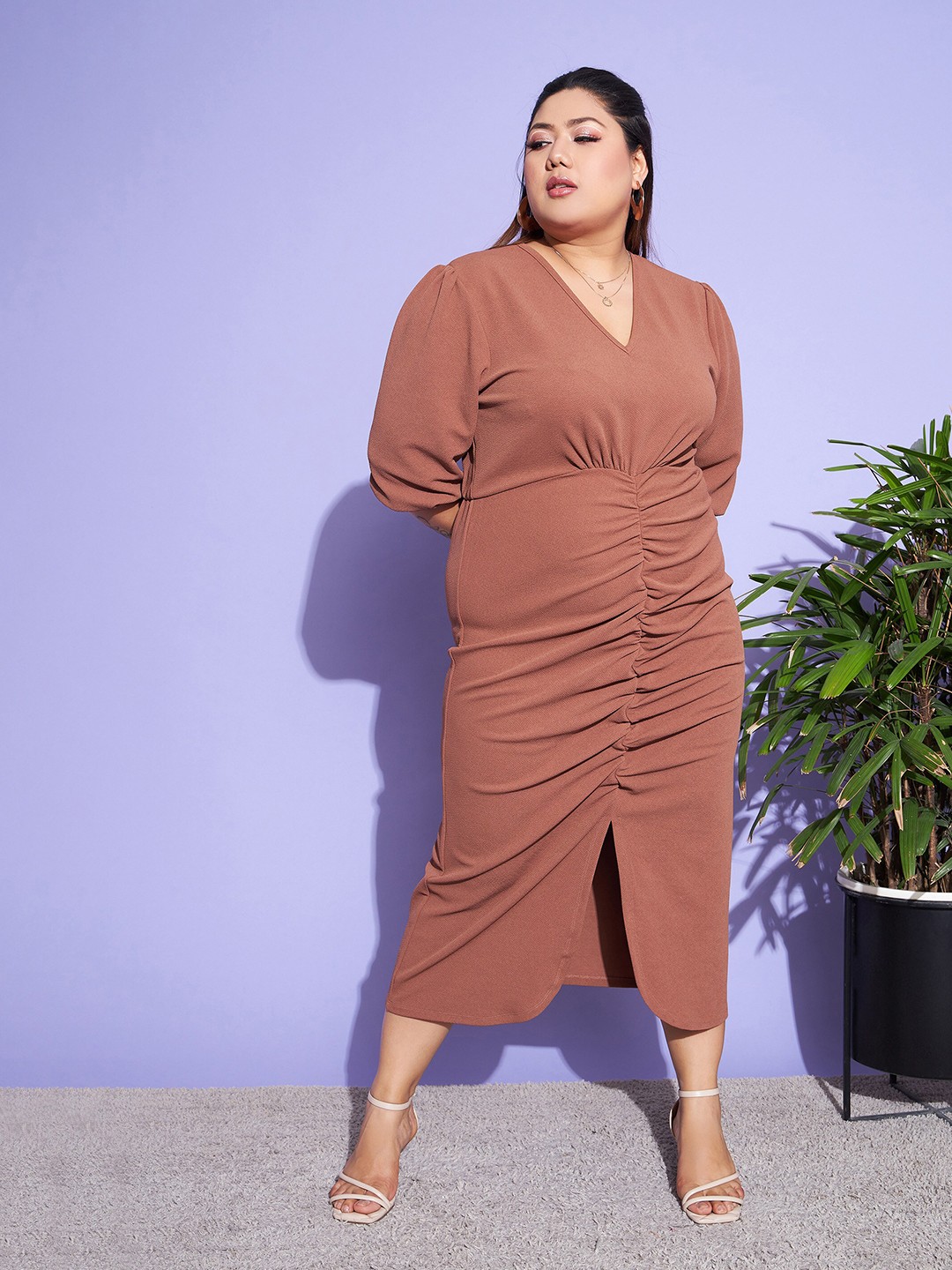 

SASSAFRAS Curve Women Plus Size Brown Ruched Sheath Midi Dress