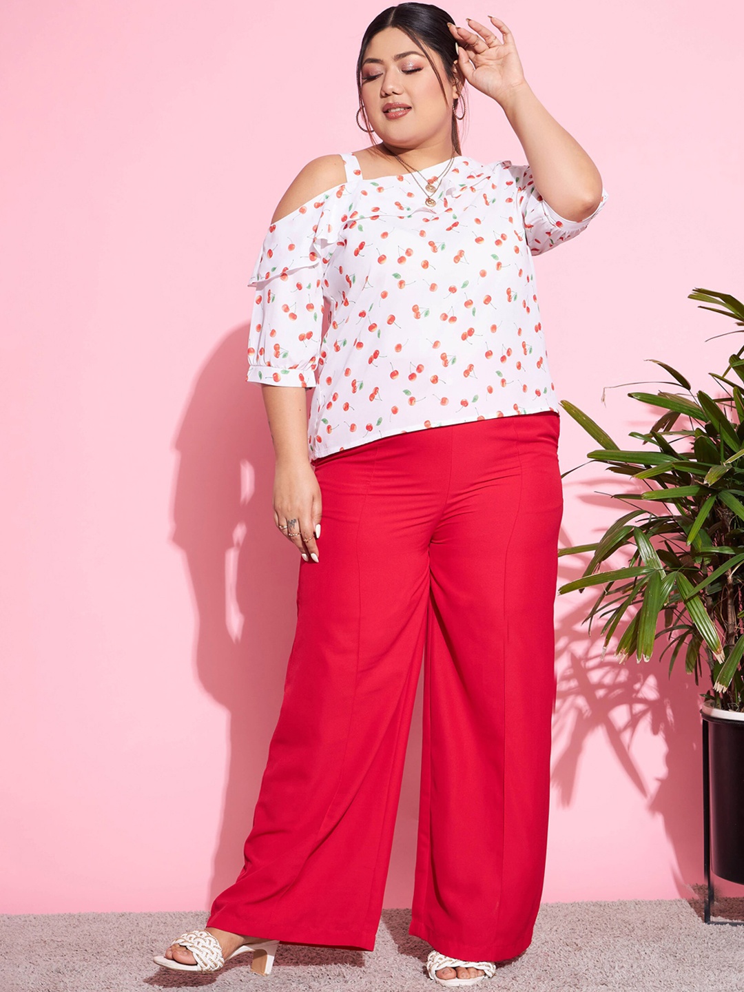 

SASSAFRAS Curve Printed Off Shoulder Top With Trousers Co-Ords, Red