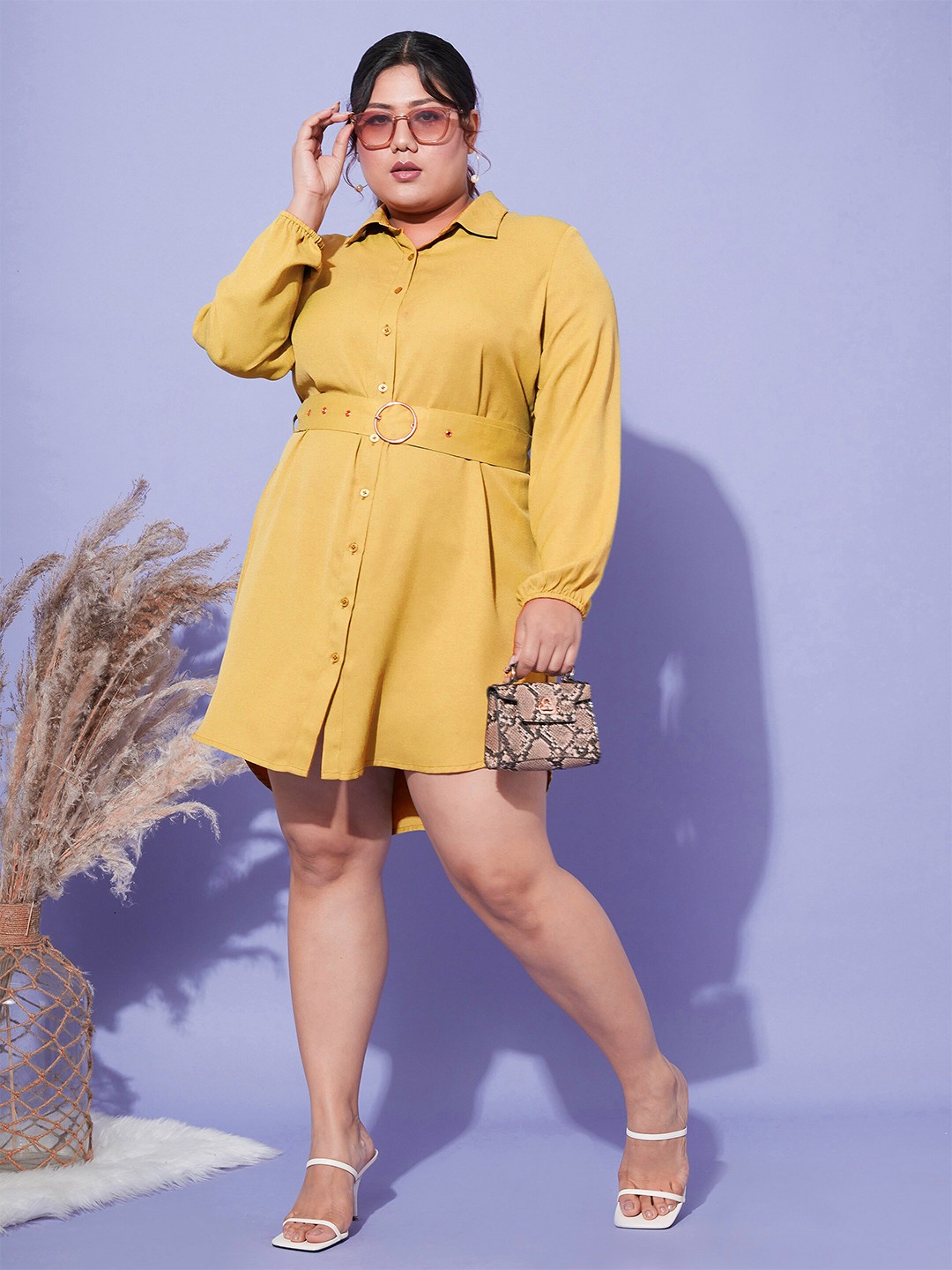 

SASSAFRAS Curve Mustard Yellow Plus Size Puff Sleeves Belted Shirt Dress