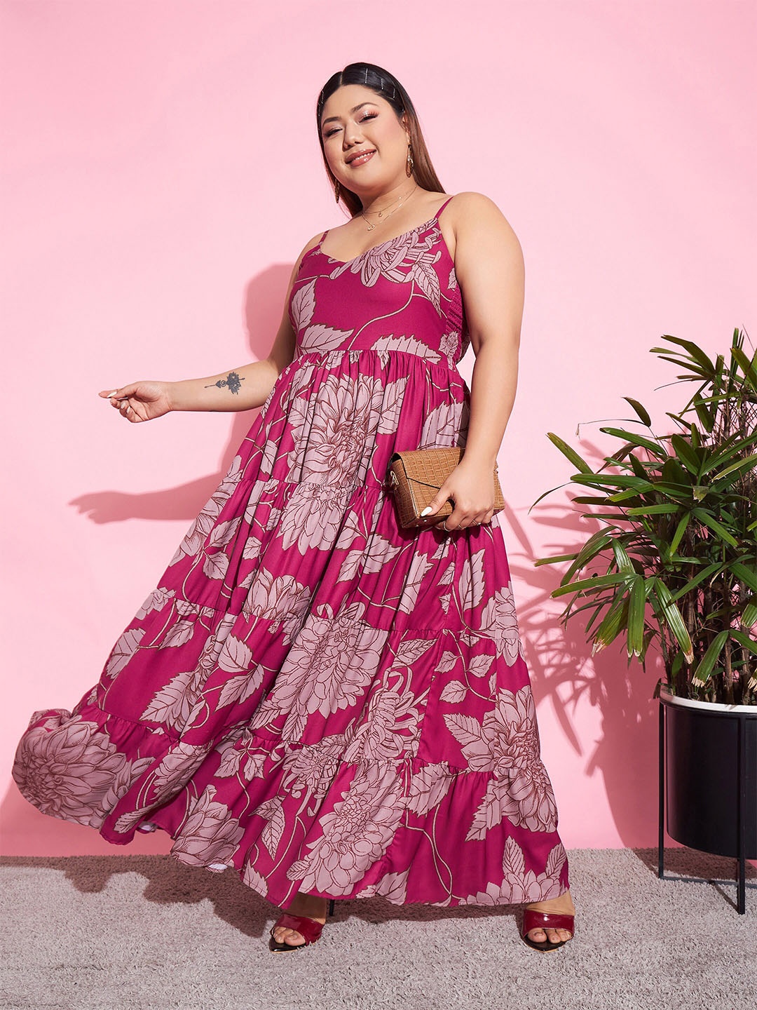 

SASSAFRAS Curve Magenta Plus Size Floral Printed Tiered Maxi Dress