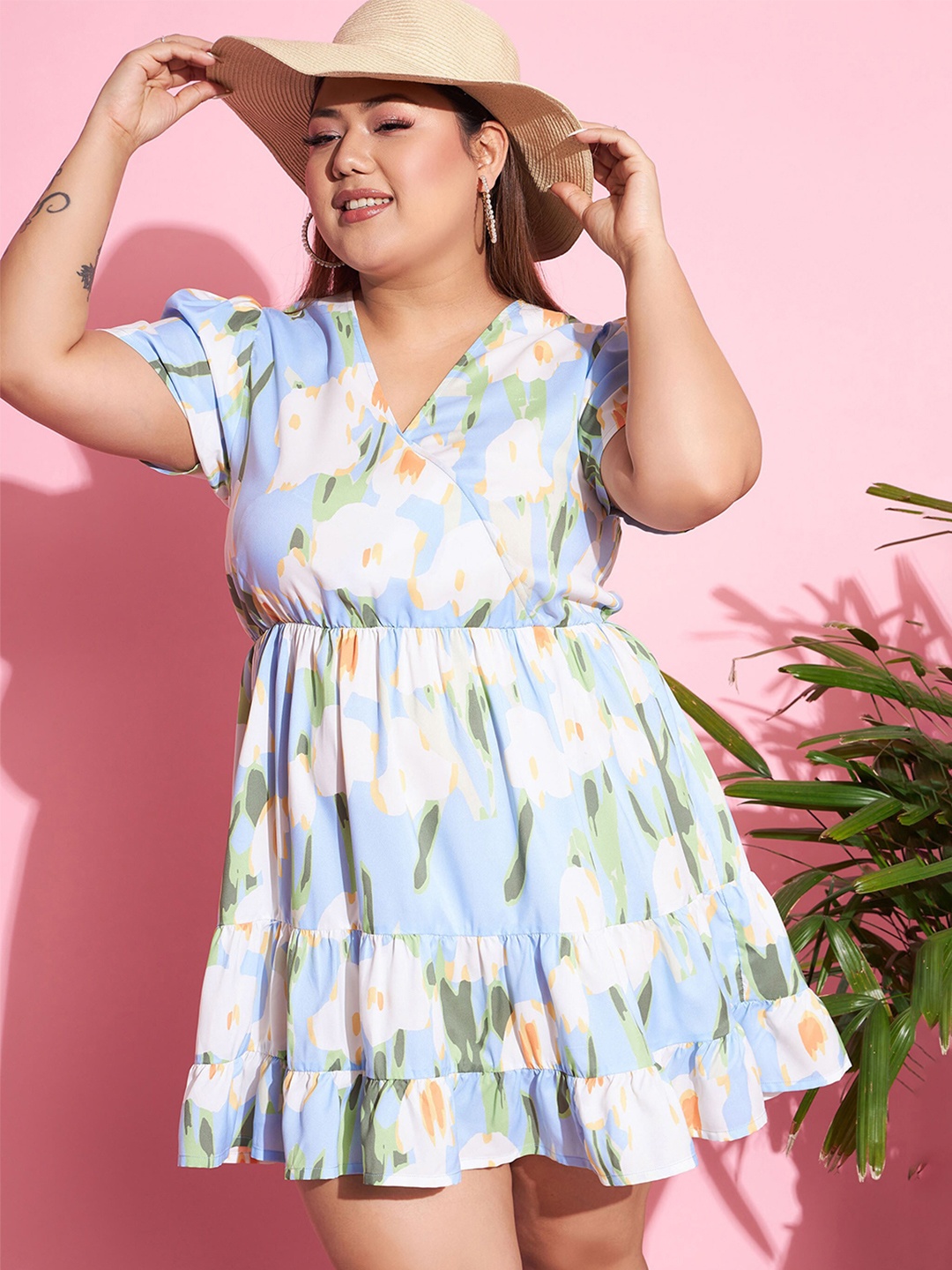 

SASSAFRAS Curve Blue Plus Size Floral Printed V-Neck Tiered Fit & Flare Dress