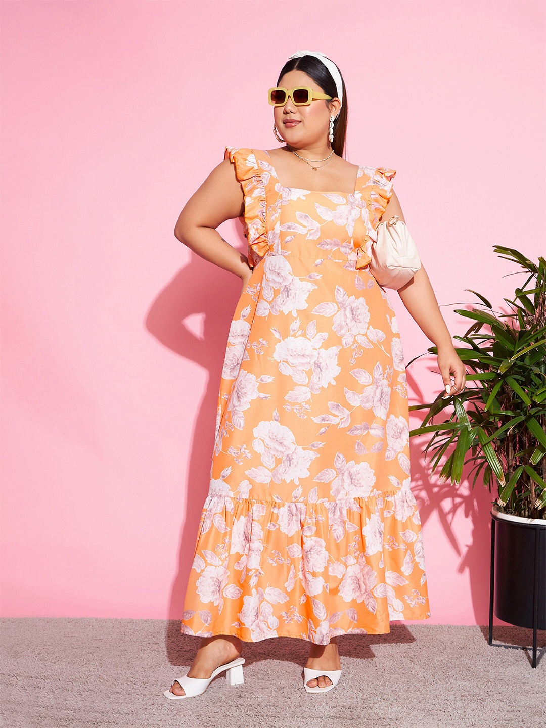 

SASSAFRAS Curve Women Plus Size Orange Floral Print Flutter Sleeve Maxi Dress