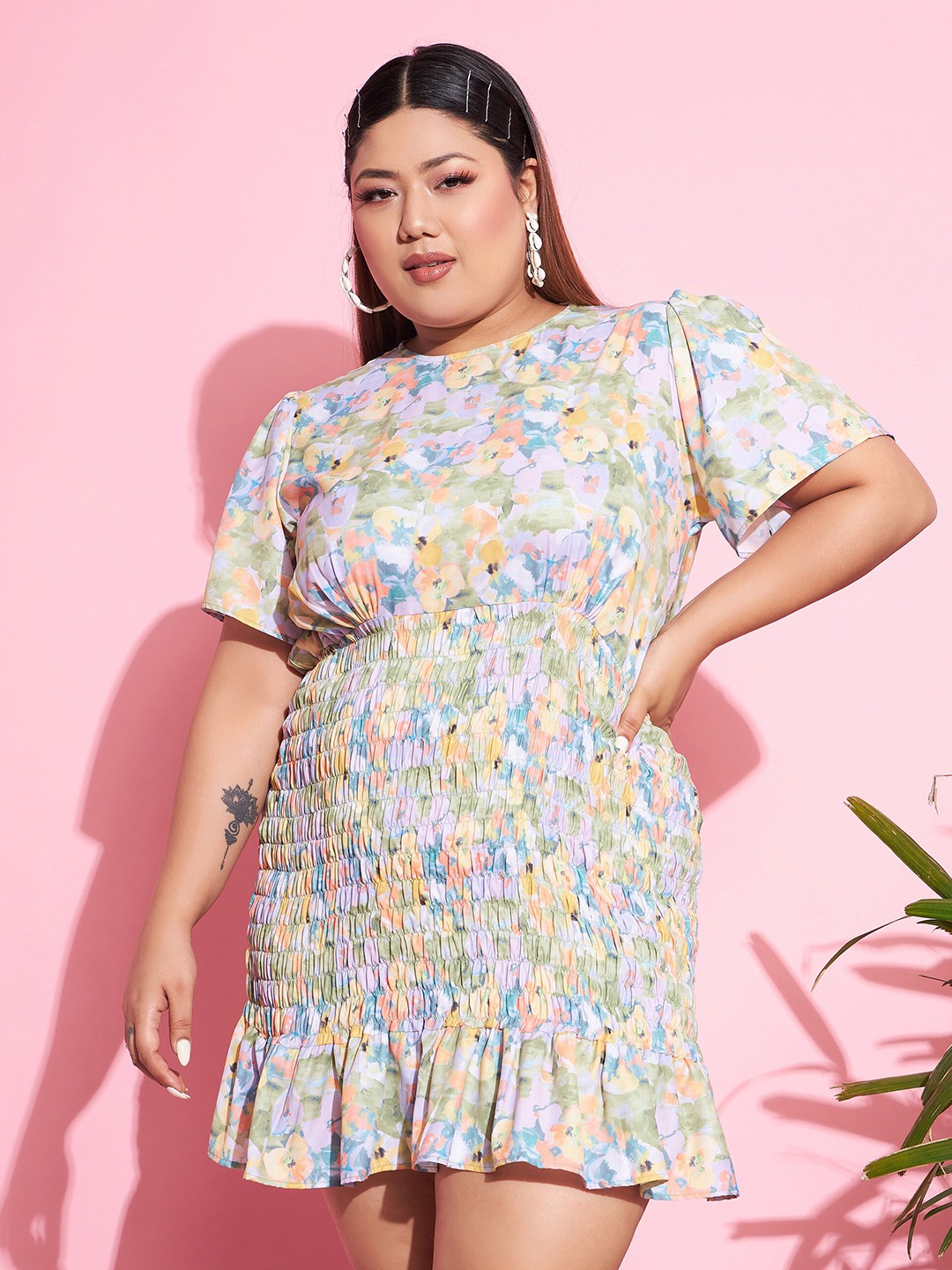 

SASSAFRAS Curve Green Floral Print Fit & Flare Dress
