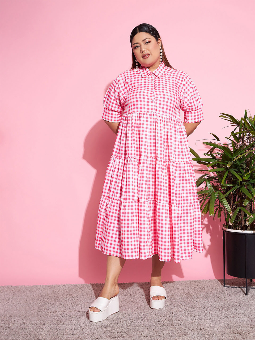 

SASSAFRAS Curve Pink Plus Size Checked Shirt Collar Tiered A-Line Midi Dress