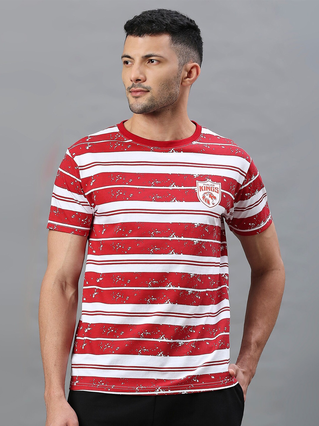 

FanCode Punjab Kings Striped Polo Collar Cotton T-shirt, Red