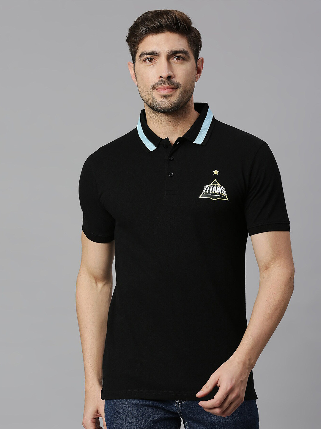 

FanCode Gujarat Titans Printed Polo Collar Cotton Sports T-Shirt, Black