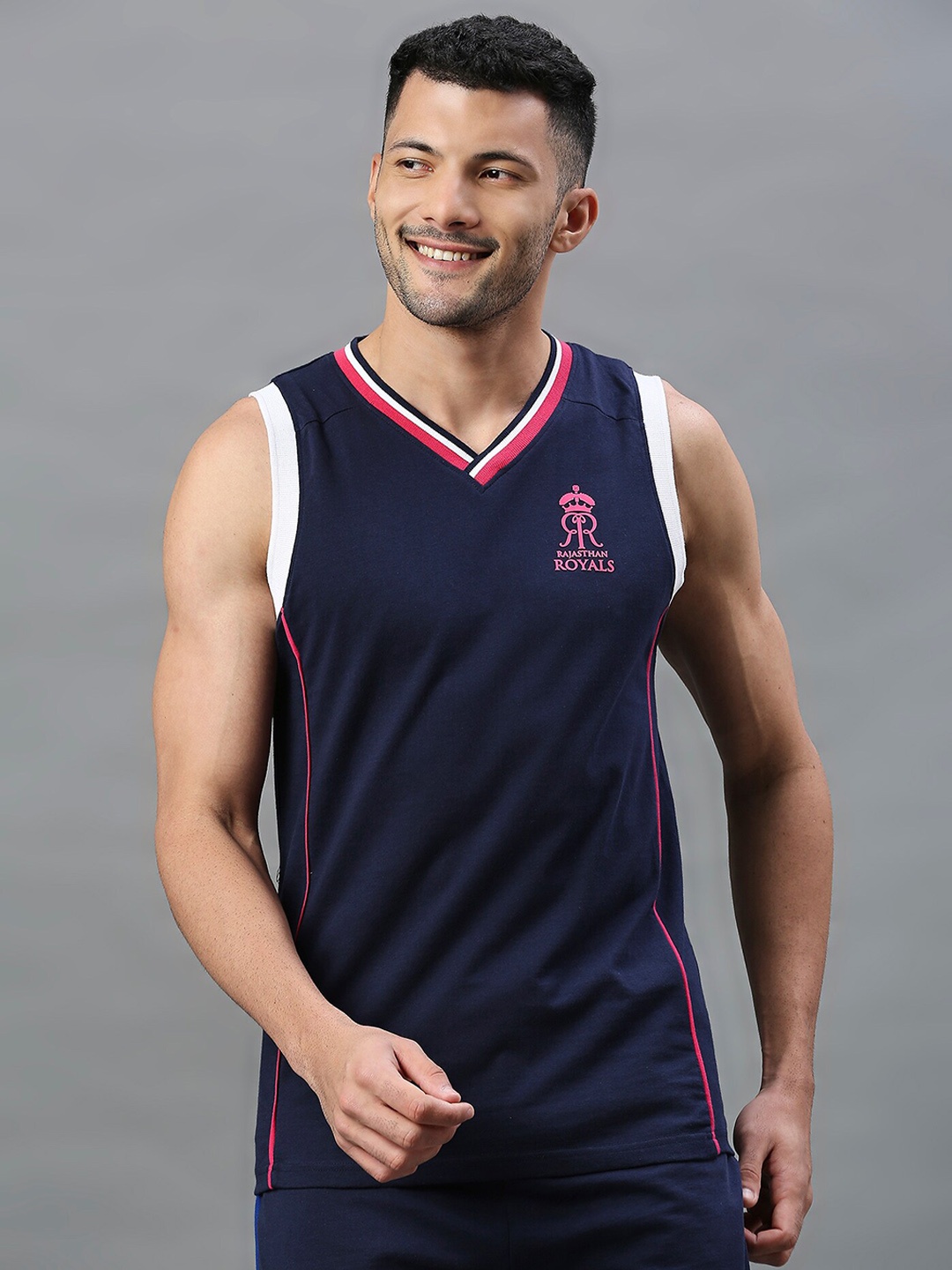 

FanCode Rajasthan Royals Printed Cotton V-Neck Sleeveless Gym Vest, Navy blue