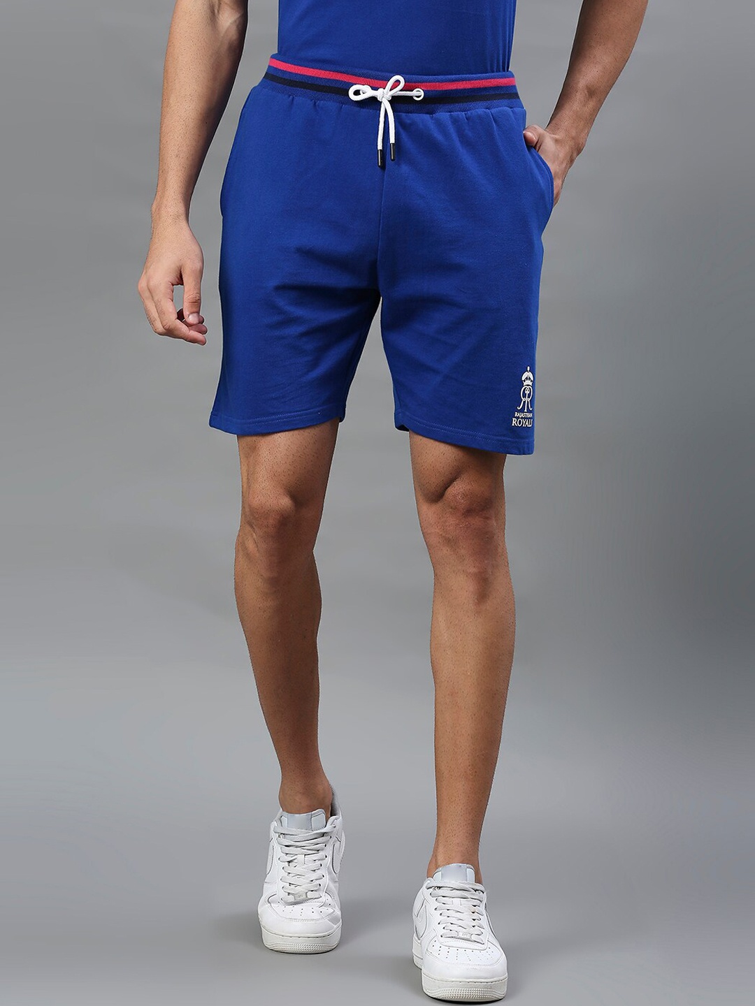 

FanCode Men Mid-Rise Rajasthan Royals Logo Printed Sports Shorts, Blue