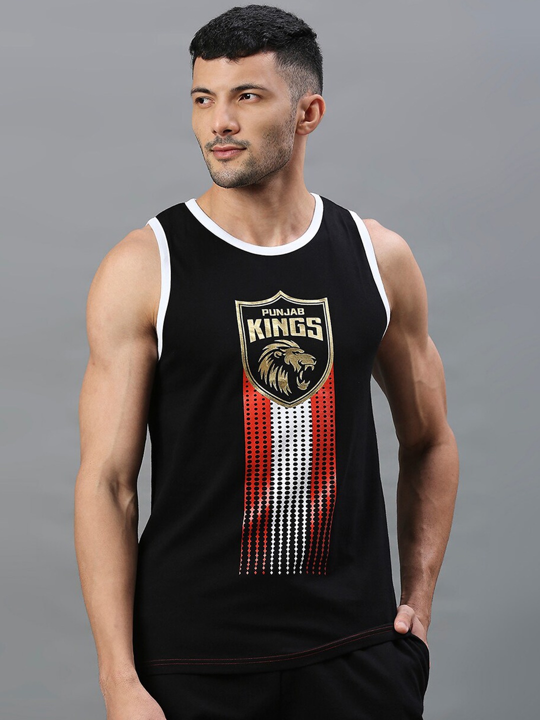 

FanCode Punjab Kings Printed Cotton V-Neck Sleeveless Gym Vest, Black