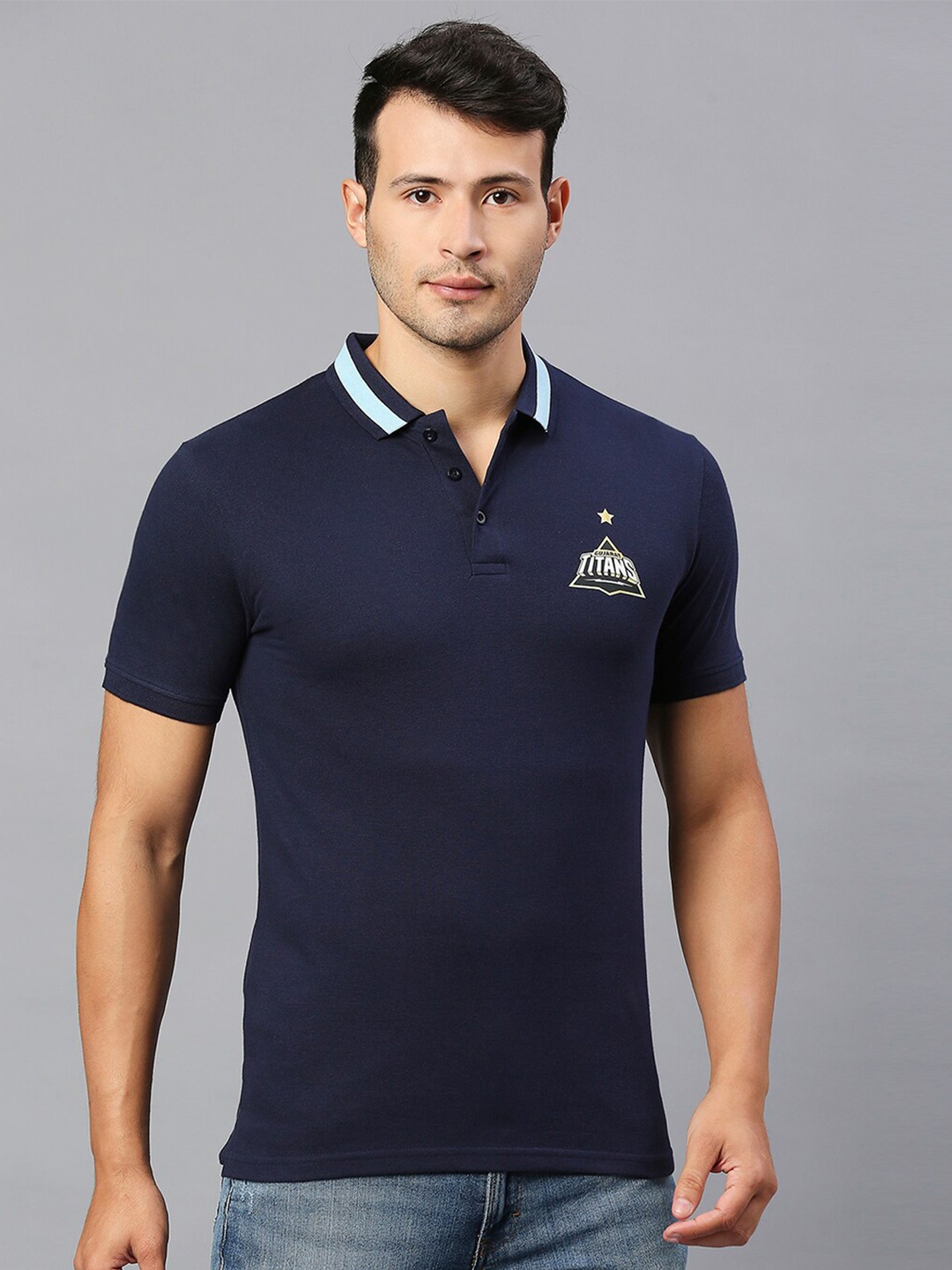 

FanCode Gujarat Titans Polo Collar Cotton Sports T-Shirt, Navy blue