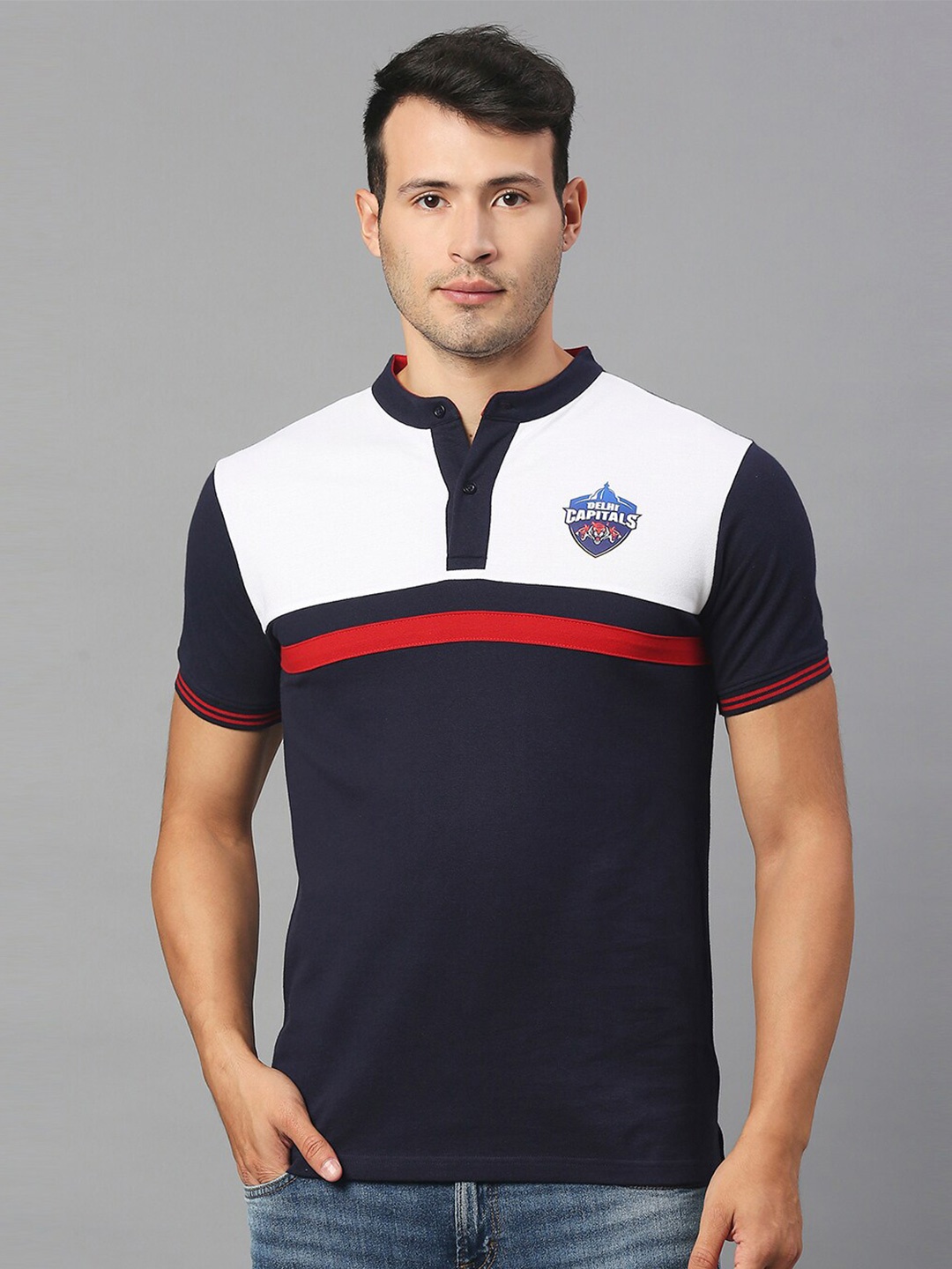 

FanCode Colourblocked Delhi Capitals Henley Neck Cotton T-shirt, Navy blue