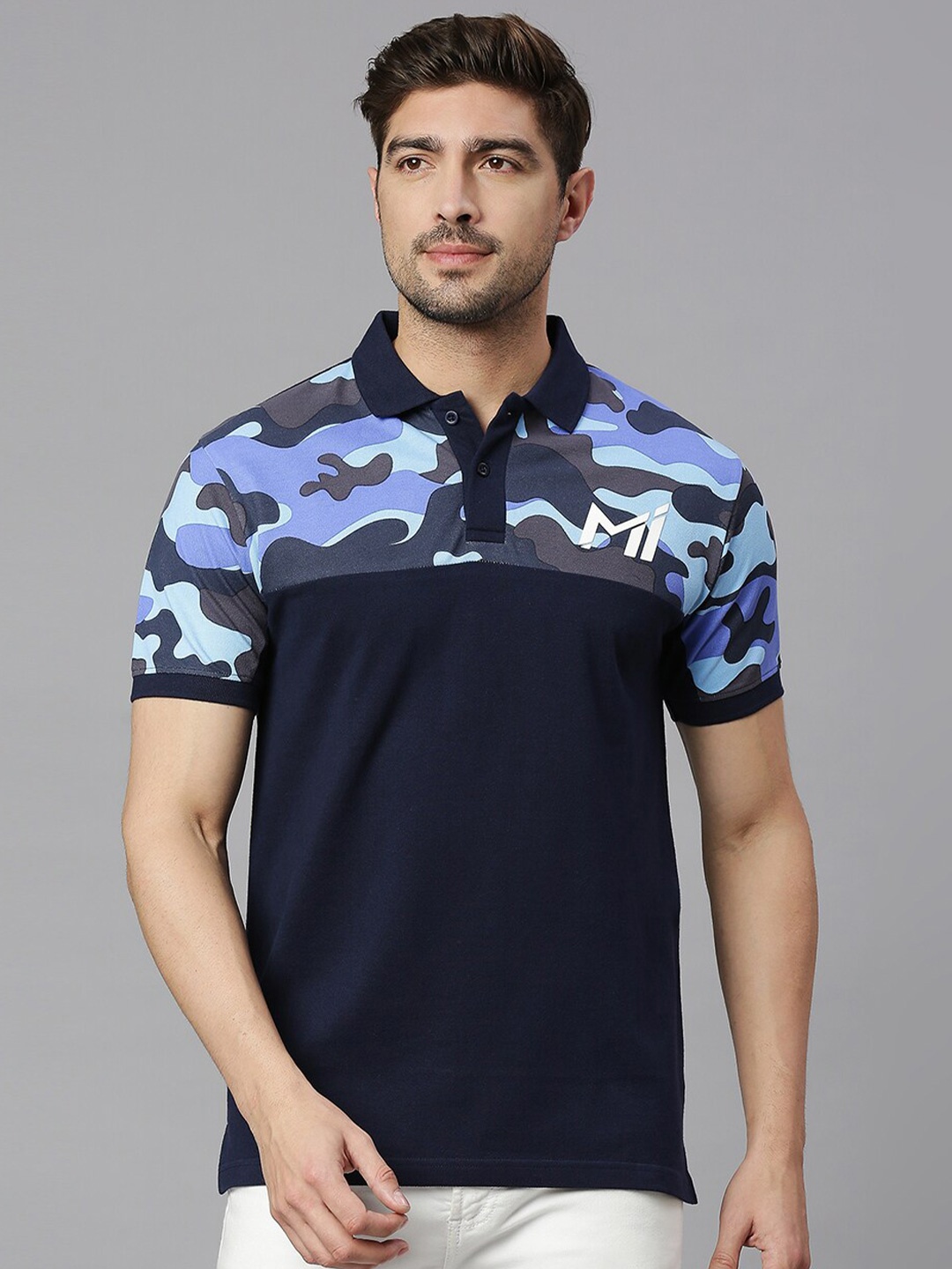 

FanCode Mumbai Indians Camouflage Printed Polo Collar Cotton T-shirt, Navy blue