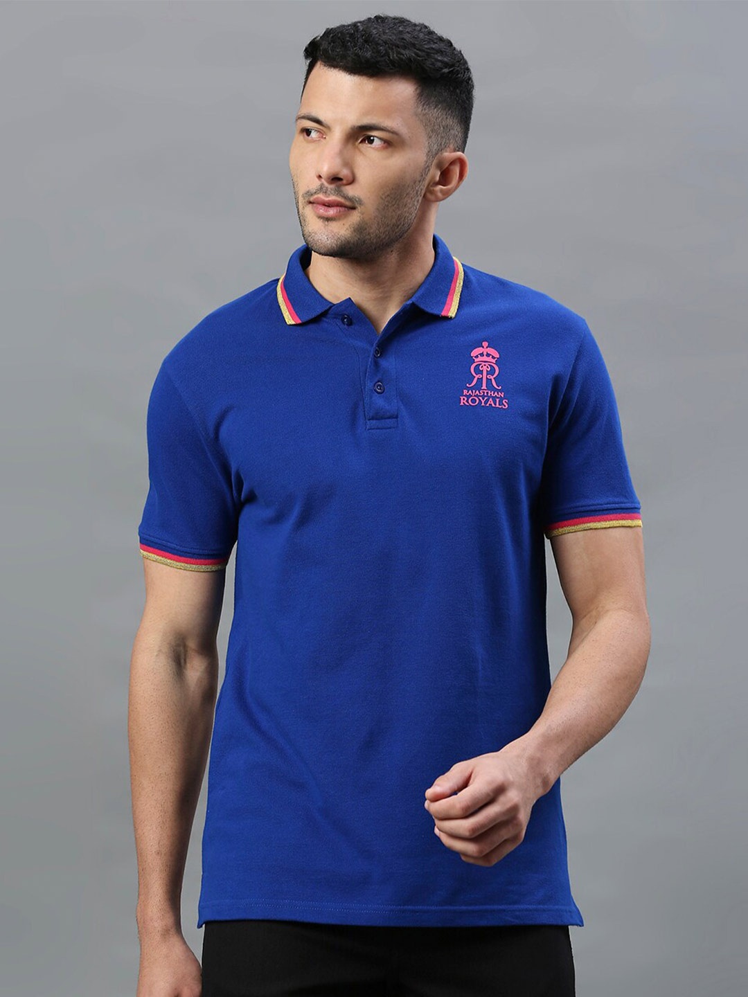 

FanCode Rajasthan Royals Printed Polo Collar Cotton T-shirt, Blue
