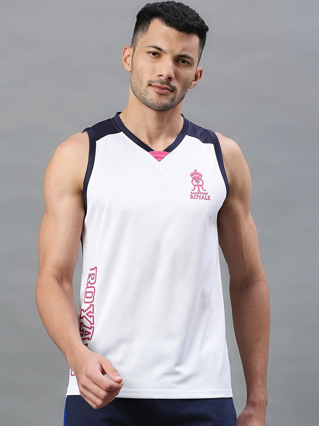 

FanCode Rajasthan Royals Printed V-Neck Sleeveless Gym Vests, White