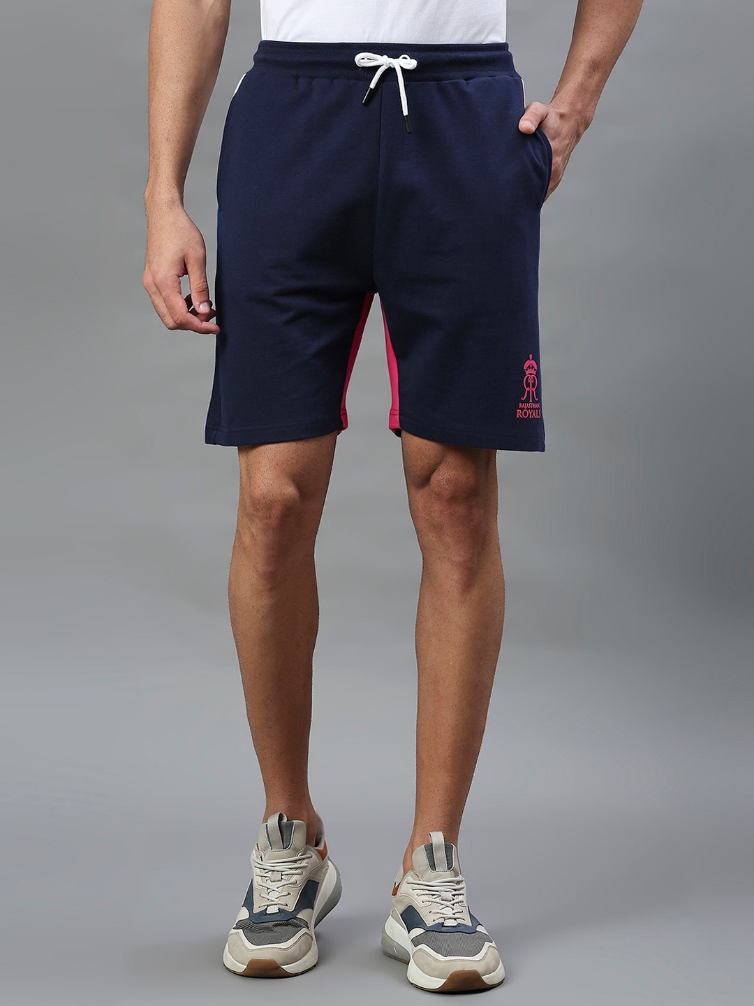 

FanCode Men Mid-Rise Rajasthan Royals Logo Printed Sports Shorts, Navy blue