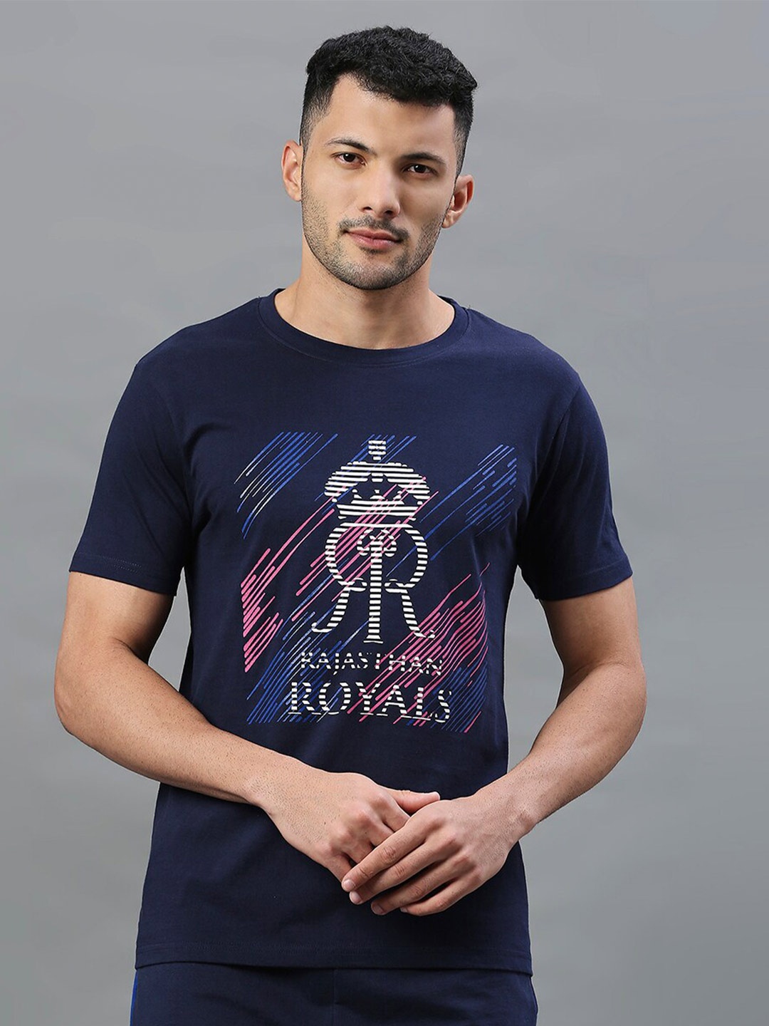 

FanCode Rajasthan Royals Printed Cotton T-shirt, Navy blue