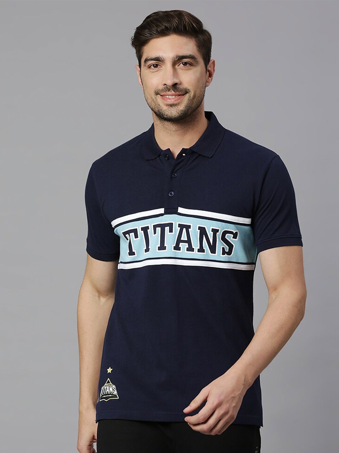 

FanCode Gujarat Titans Typography Printed Polo Collar Cotton T-shirt, Navy blue