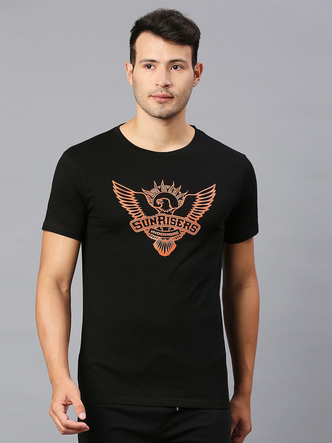

FanCode Sunrisers Hyderabad Logo Print Round Neck Cotton T-shirt, Black
