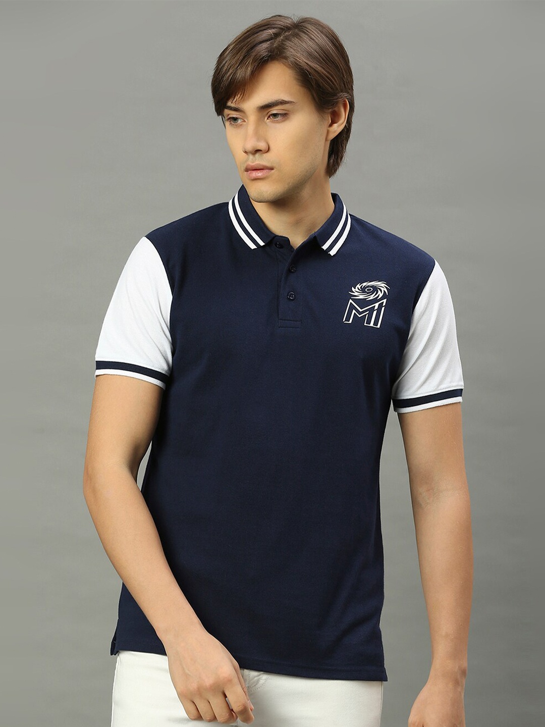 

FanCode Mumbai Indians Logo Print Polo Collar Cotton T-shirt, Navy blue