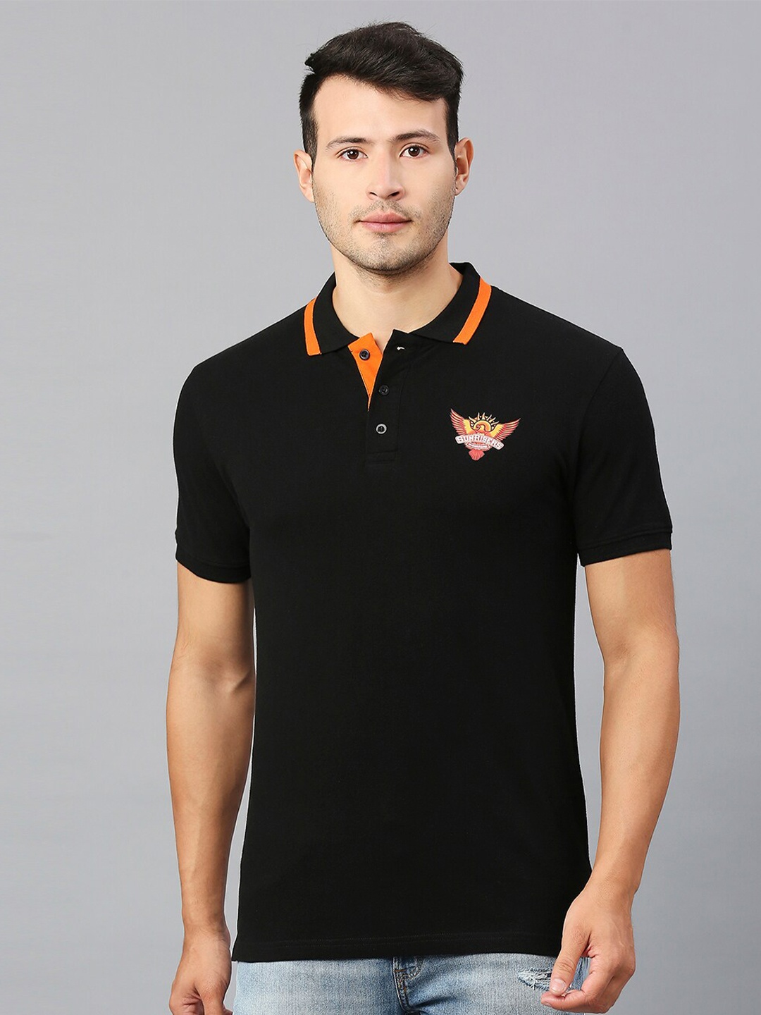 

FanCode Sunrisers Hyderabad Printed Polo Collar Cotton Sports T-Shirt, Black