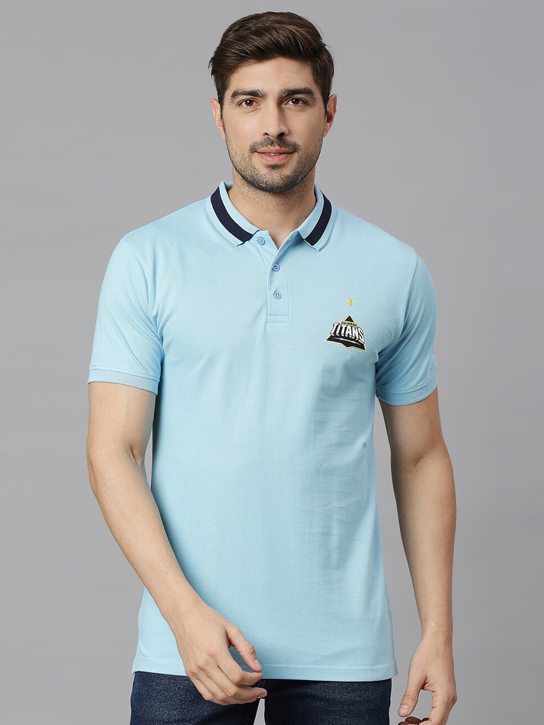 

FanCode Gujarat Titans Logo Print Polo Collar Cotton T-shirt, Blue