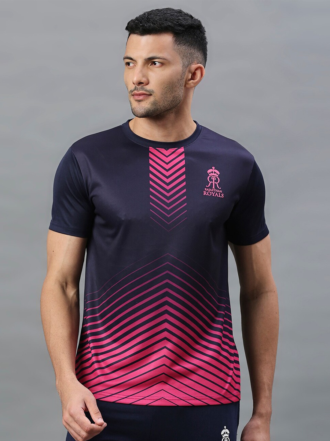 

FanCode Striped Rajasthan Royals Logo Printed Round Neck T-shirt, Blue