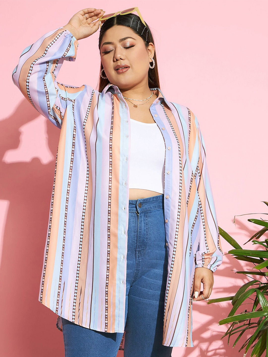 

SASSAFRAS Curve Blue, Pink And Pink Comfort Vertical Striped Longline Shirt