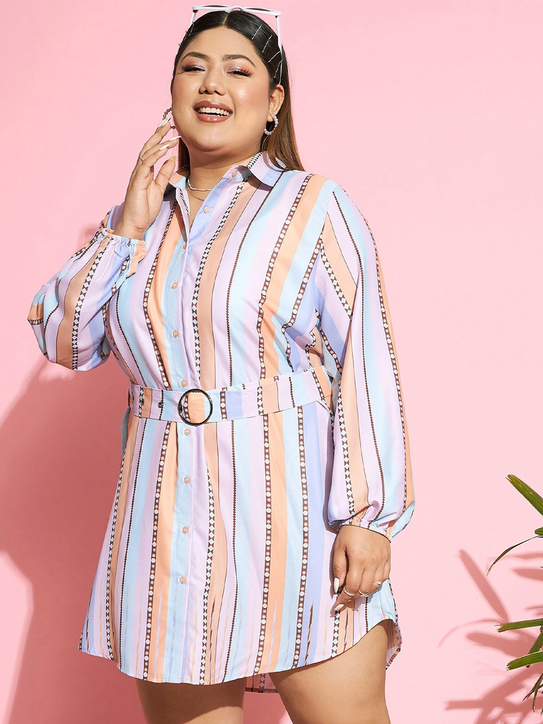 

SASSAFRAS Curve Blue & Peach Striped Puff Sleeves Belted Shirt Dress