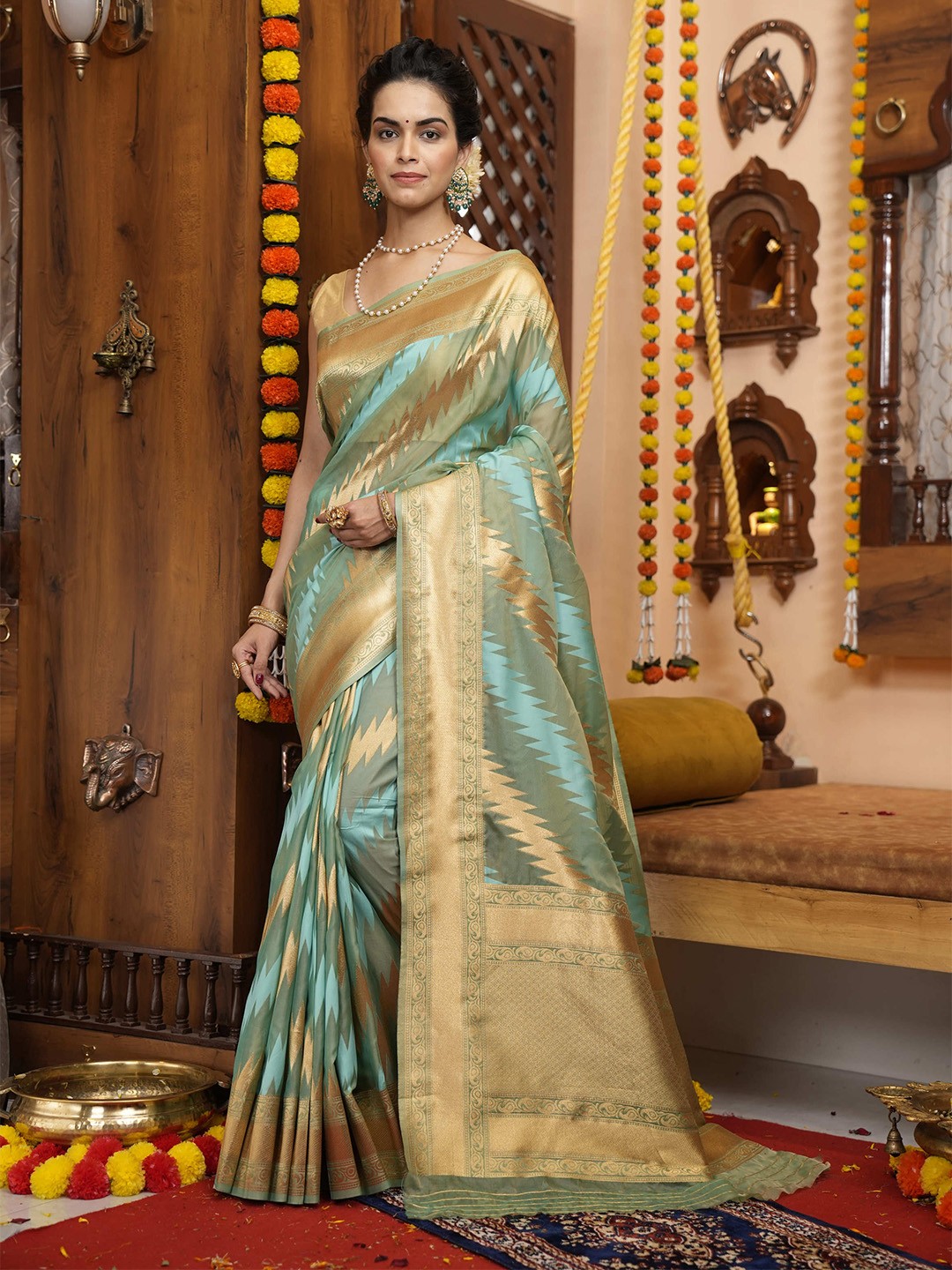

elora Geometric Woven Design Zari Organza Bhagalpuri Saree, Blue
