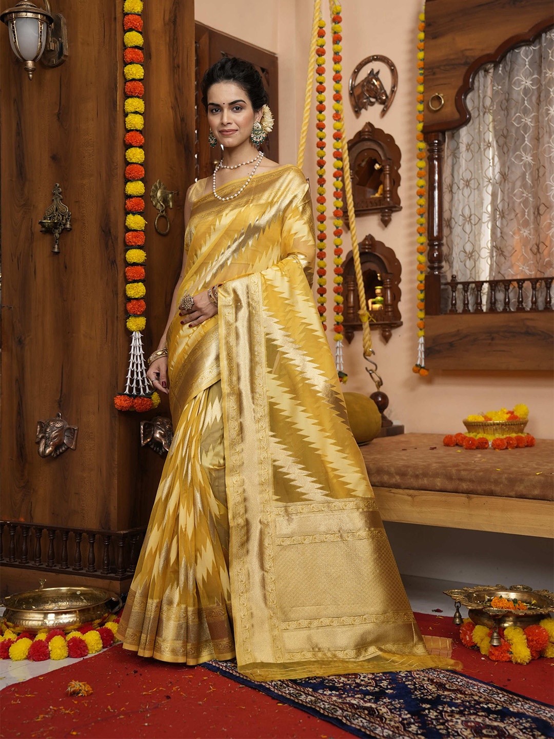 

elora Geometric Woven Design Zari Organza Bhagalpuri Saree, Yellow