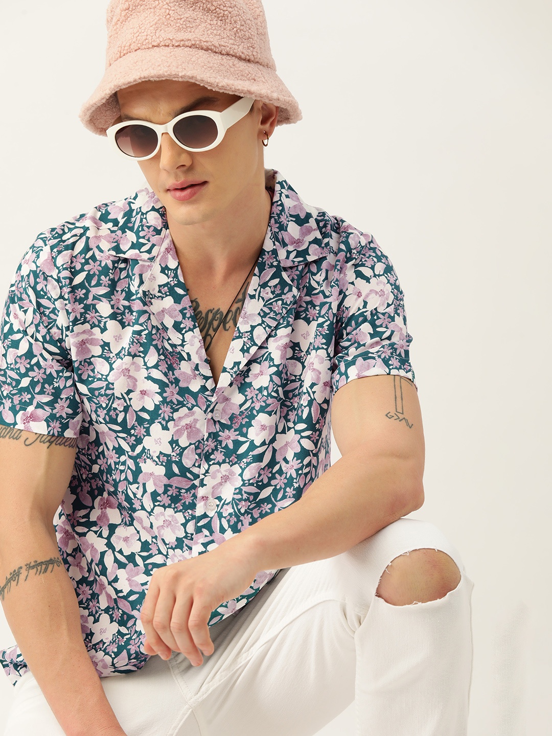 

Kook N Keech Classic Floral Printed Cuban Collar Casual Resort Shirt, Blue