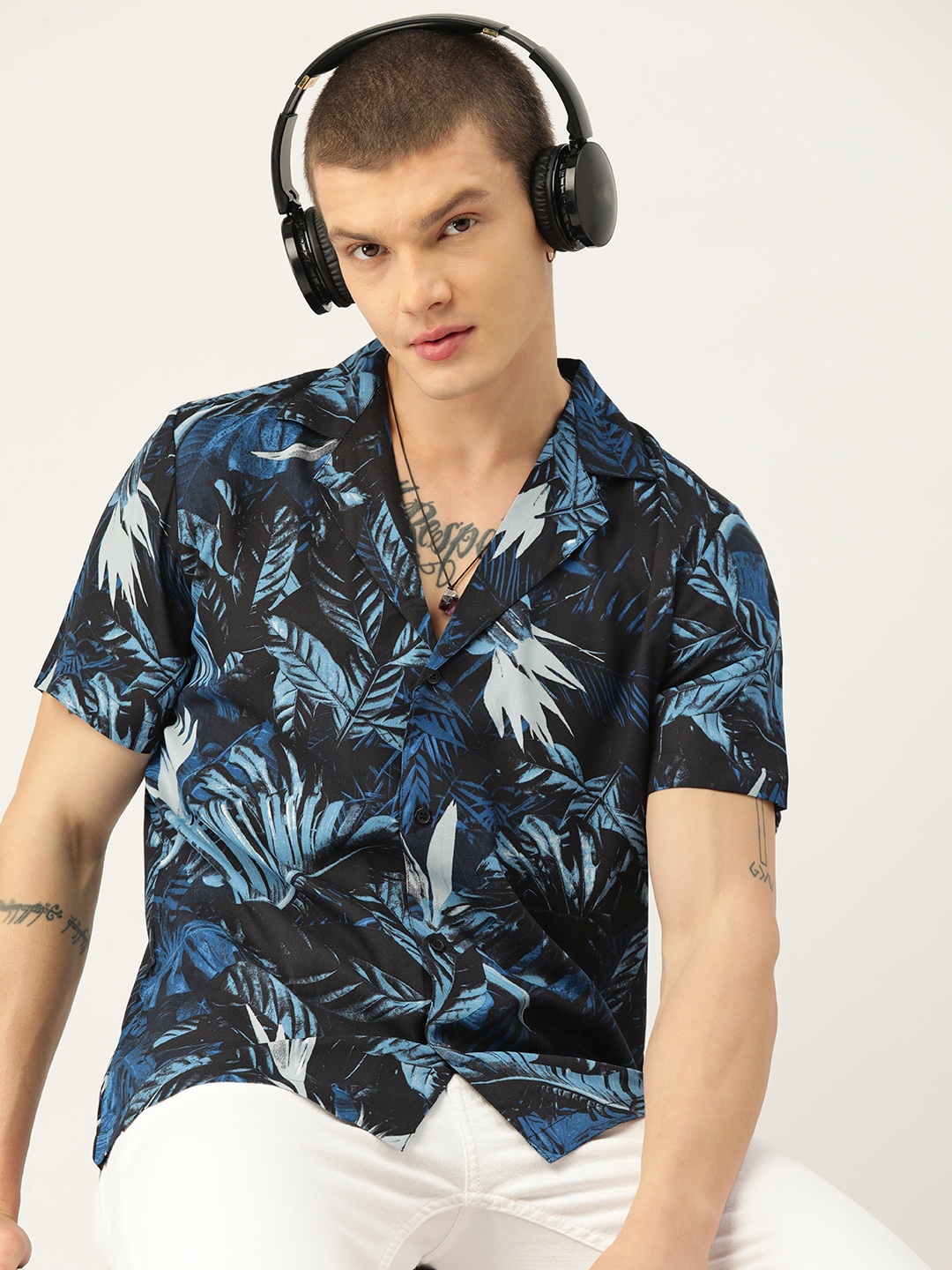 

Kook N Keech Classic Tropical Printed Cuban Collar Casual Resort Shirt, Blue