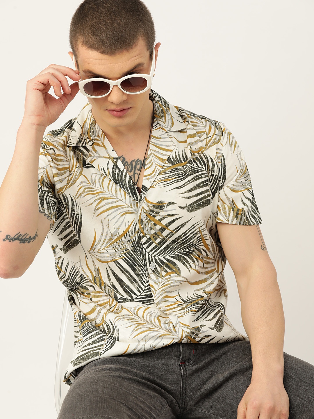 

Kook N Keech Classic Tropical Printed Cuban Collar Casual Resort Shirt, Green