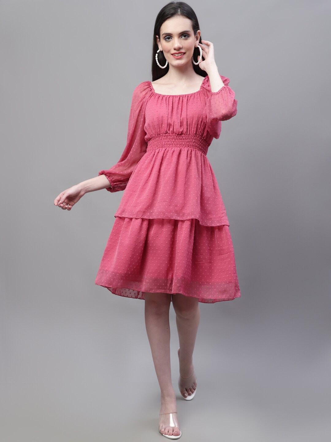 

MARC LOUIS Square Neck Puff Sleeve Georgette Smocked Fit & Flare Dress, Pink
