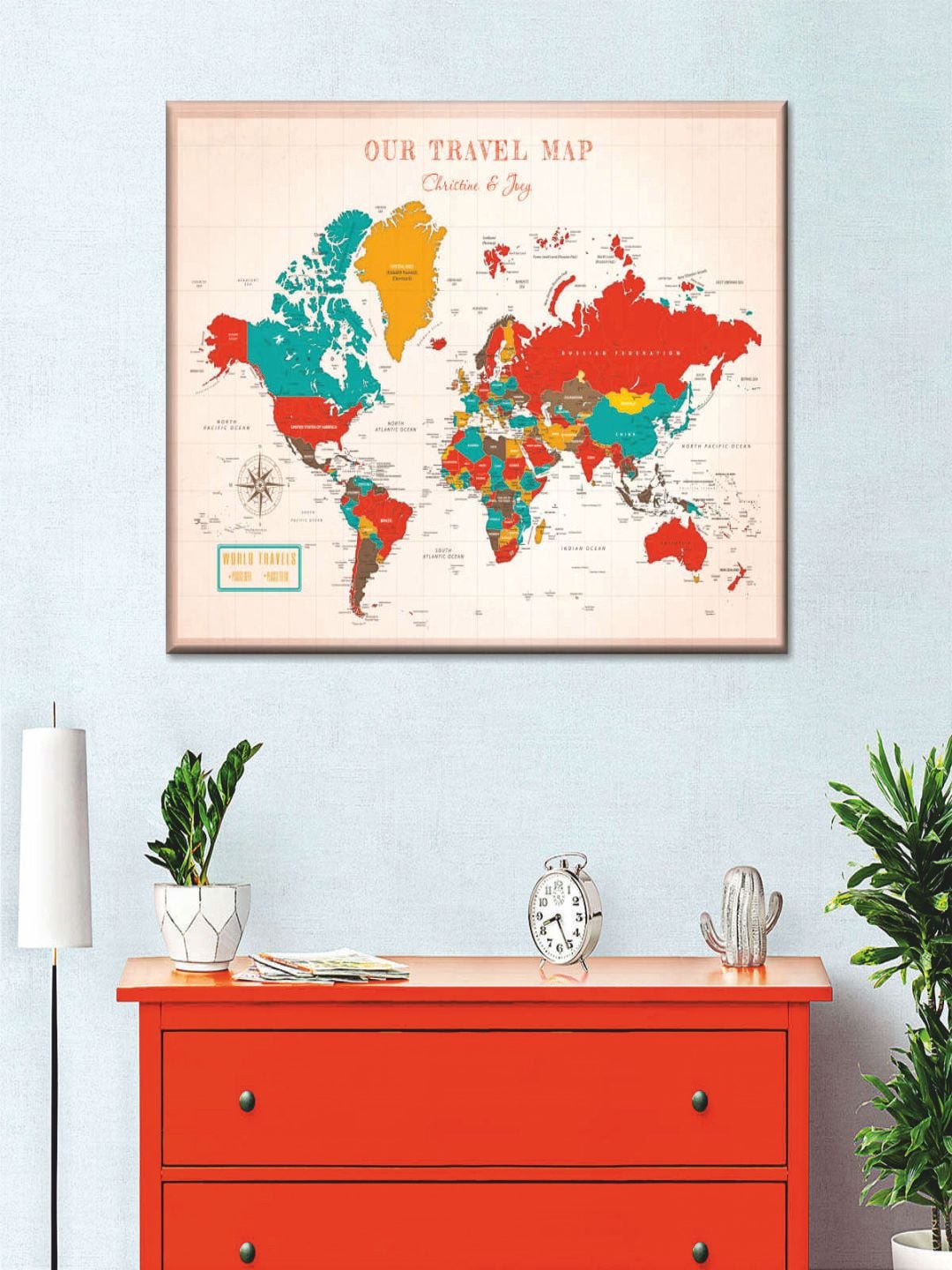

POSTERS AND TRUSS Peach Colored & Red World Map Wall Art, Pink