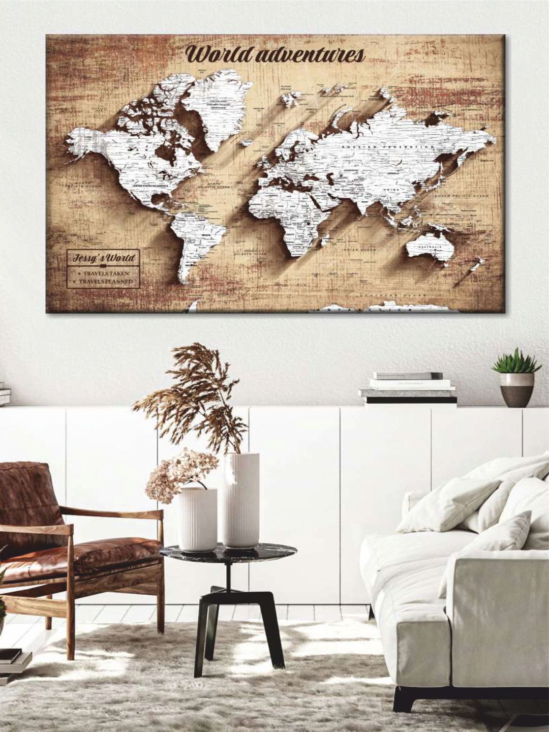 

POSTERS AND TRUSS Brown & White World Map Wall Art