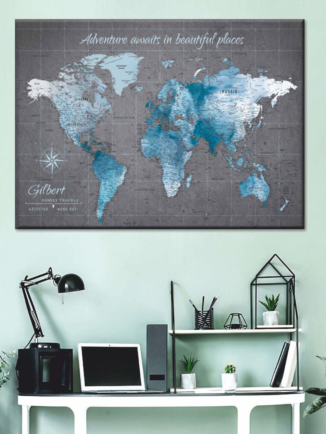 

POSTERS AND TRUSS Grey & Blue World Map Printed Framed Wall Art