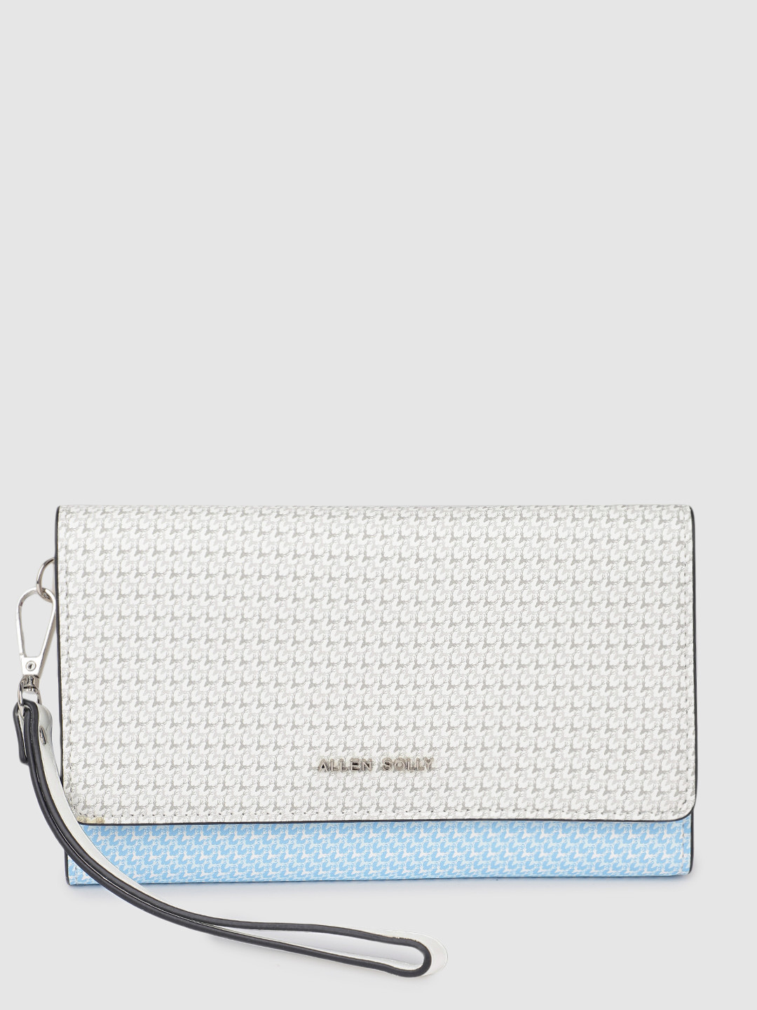 

Allen Solly Women Brand Logo Print & Colourblocked PU Three Fold Wallet With Wrist Loop, Blue