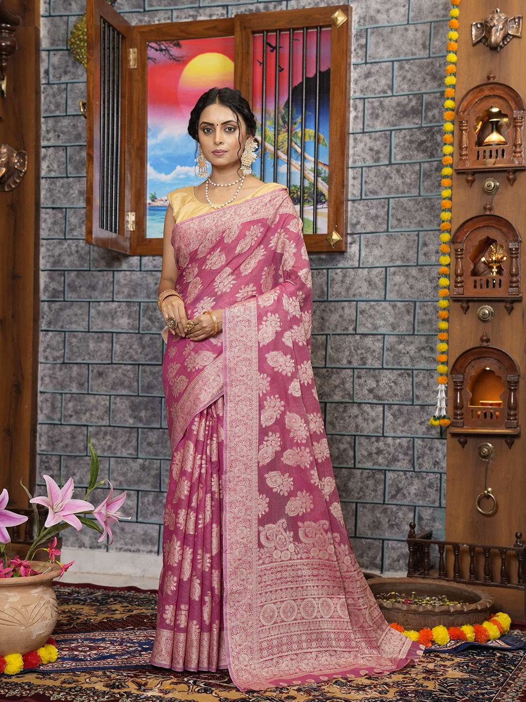 

elora Floral Woven Design Zari Pure Cotton Bhagalpuri Saree, Purple