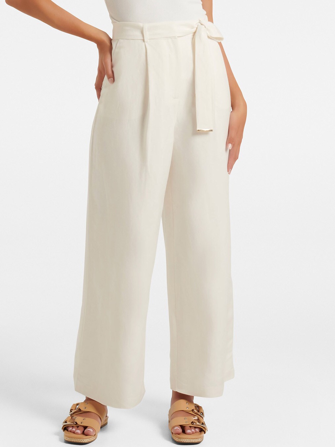 

Forever New Women High-Rise Flared Parallel Trousers With Belt, Off white