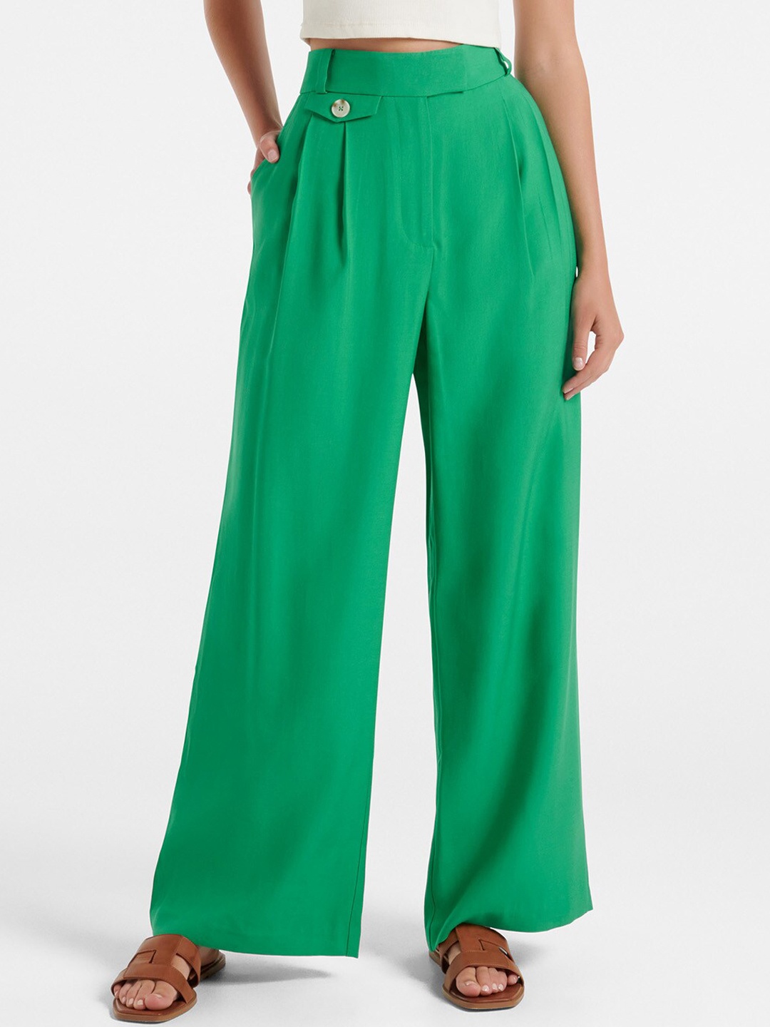 

Forever New Women High-Rise Wide Leg Pleated Parallel Trousers, Green